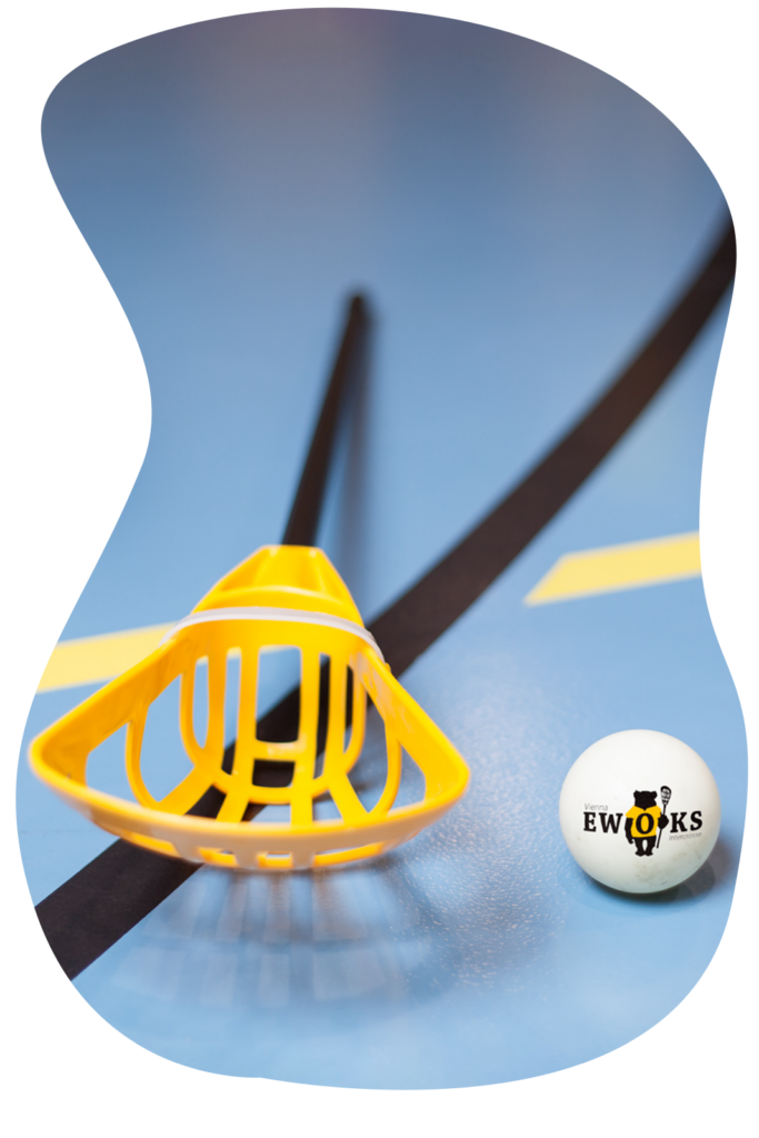Intercrosse-Stick liegt auf dem Boden einer Sporthalle, daneben ein Intercrosse-Ball mit dem Logo der Vienna Ewoks Intercrosse